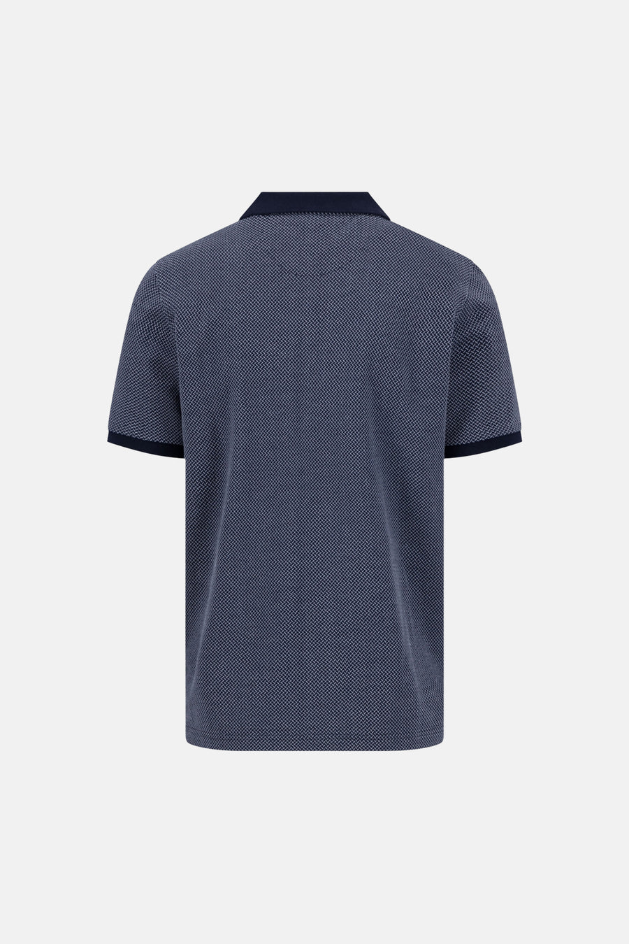 Pull bleu foncé de FYNCH-HATTON, style polo, avec motif géométrique texturé et col et bords de manches unis, vue de dos.