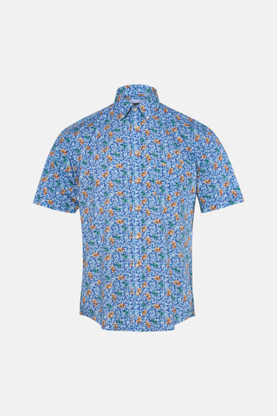 Chemise multicolore à manches courtes de FYNCH-HATTON avec un motif floral bleu, orange et vert.