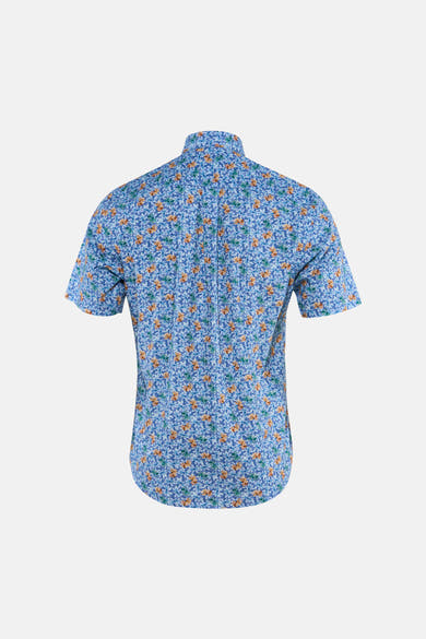 Chemise à manches courtes bleue à motif floral multicolore de FYNCH-HATTON, vue de dos.