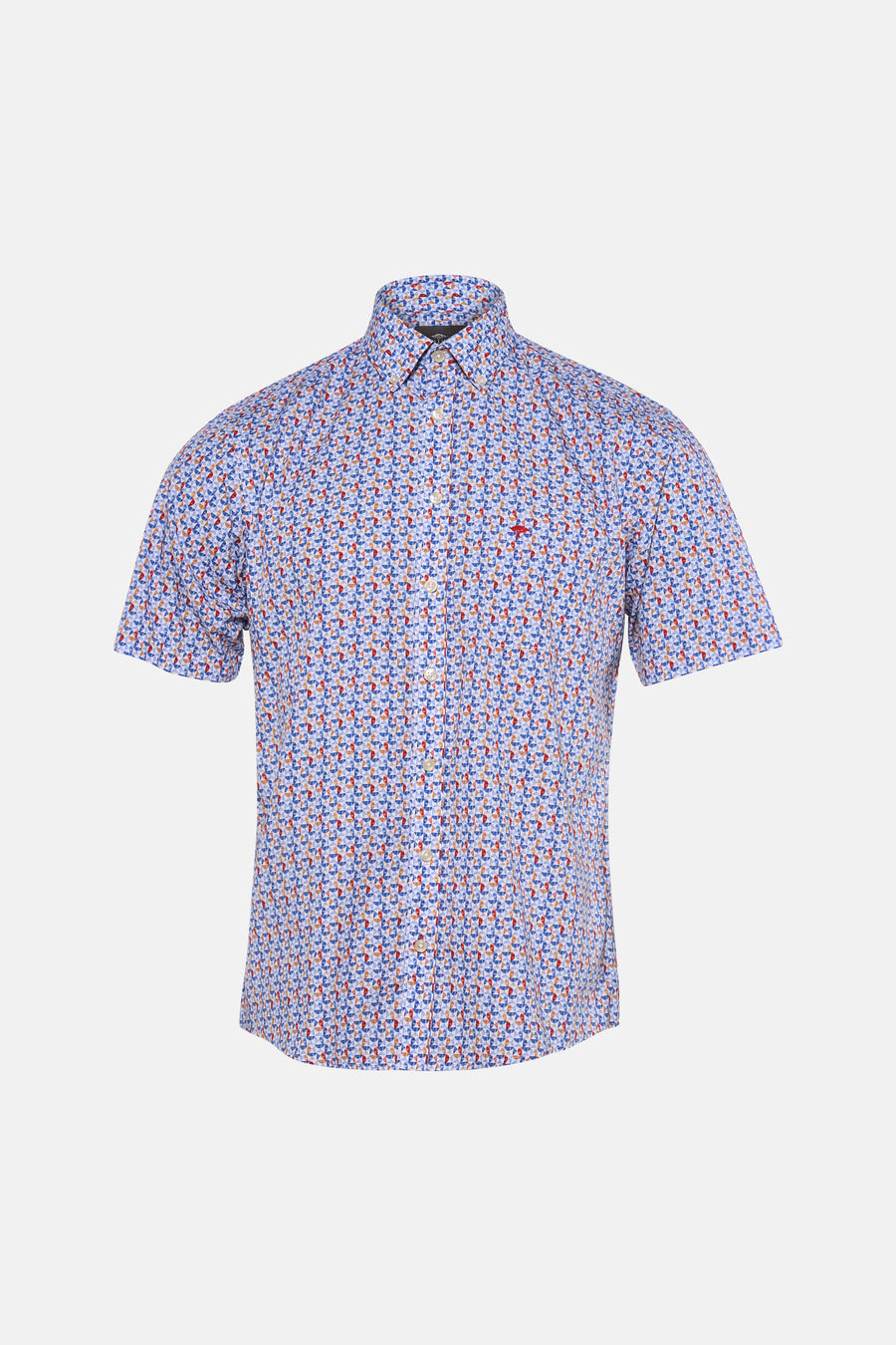 Multikleurig overhemd met korte mouwen van FYNCH-HATTON, met een geometrisch patroon van blauwe, rode en oranje halve cirkels, met een knoopkraag en geborduurd rood logo.