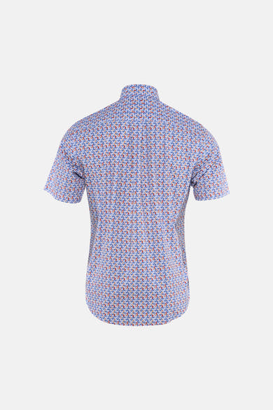 Multikleurig overhemd met korte mouwen van FYNCH-HATTON, geometrisch patroon van blauwe, rode en oranje halve cirkels, achterzijde.