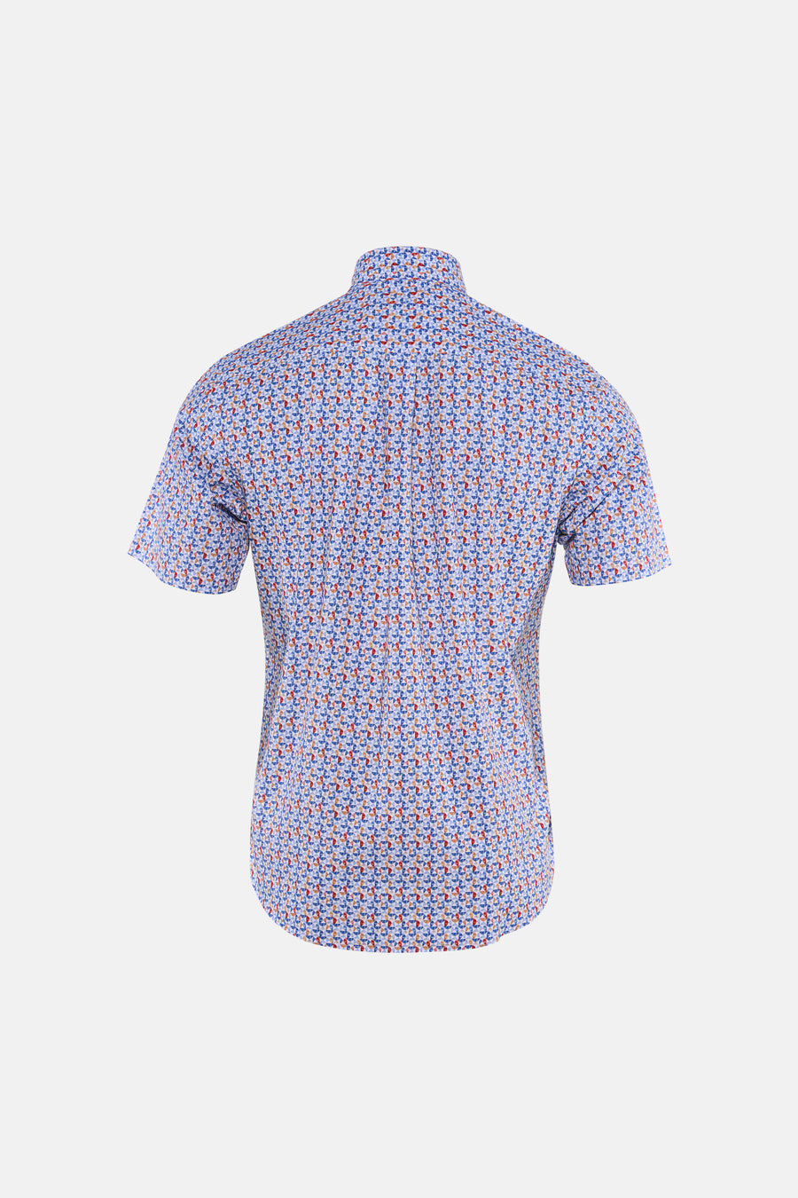 Multikleurig overhemd met korte mouwen van FYNCH-HATTON, geometrisch patroon van blauwe, rode en oranje halve cirkels, achterzijde.