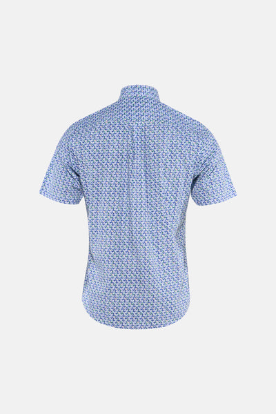 Chemise multicolore à manches courtes de FYNCH-HATTON, motif géométrique bleu et vert, vue de dos.
