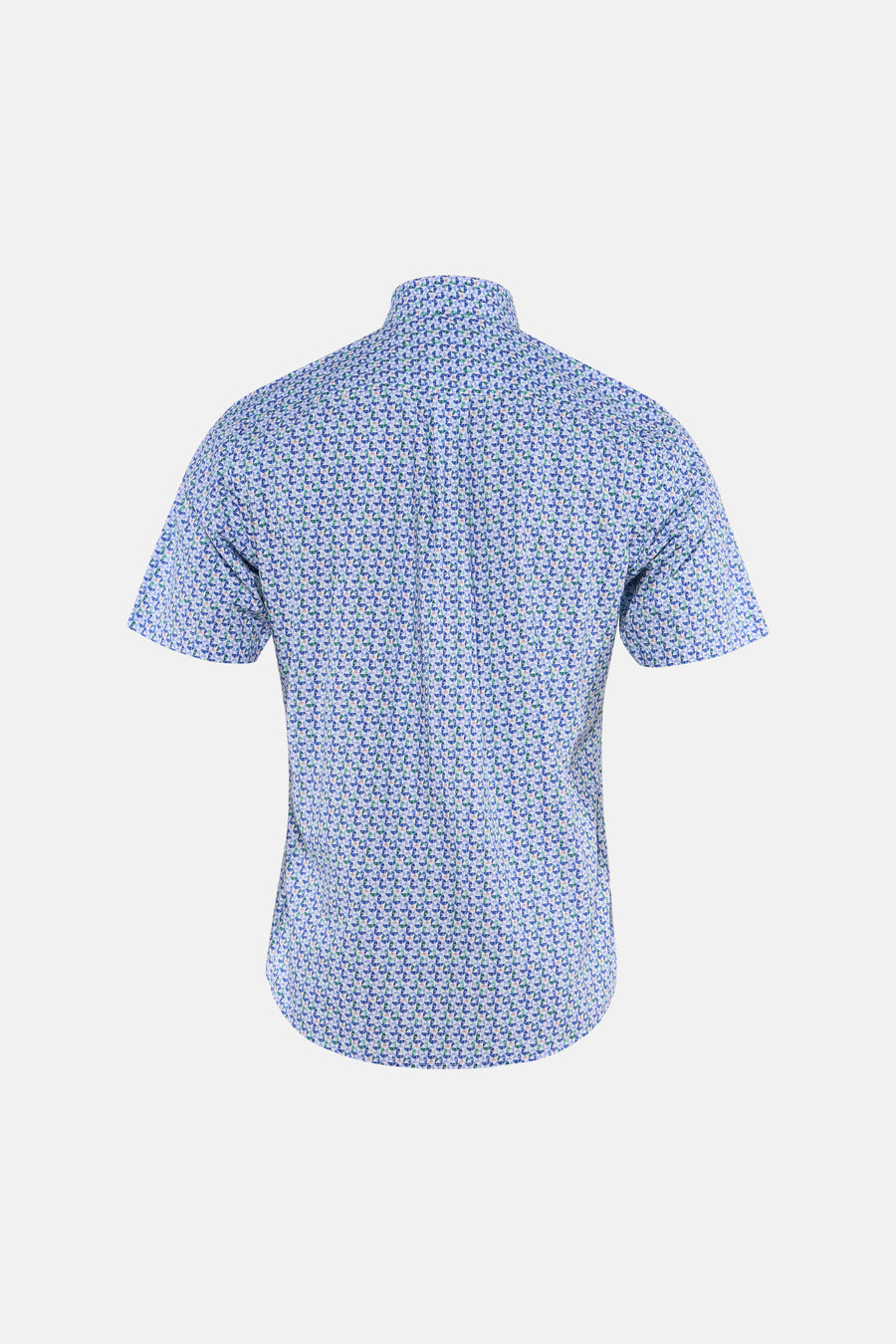 Chemise multicolore à manches courtes de FYNCH-HATTON, motif géométrique bleu et vert, vue de dos.