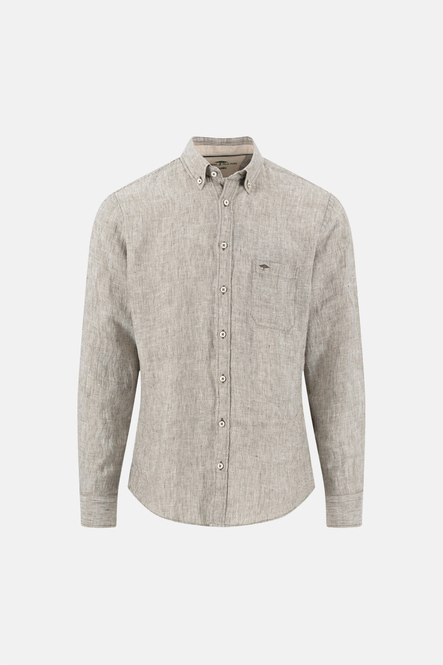 Chemise en lin kaki de FYNCH-HATTON, avec col boutonné, poche poitrine et logo arbre brodé.