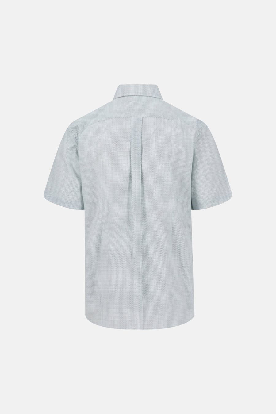 Chemise à manches courtes multicolore de FYNCH-HATTON, avec un motif géométrique discret sur fond gris-bleu clair, vue de dos avec plis.