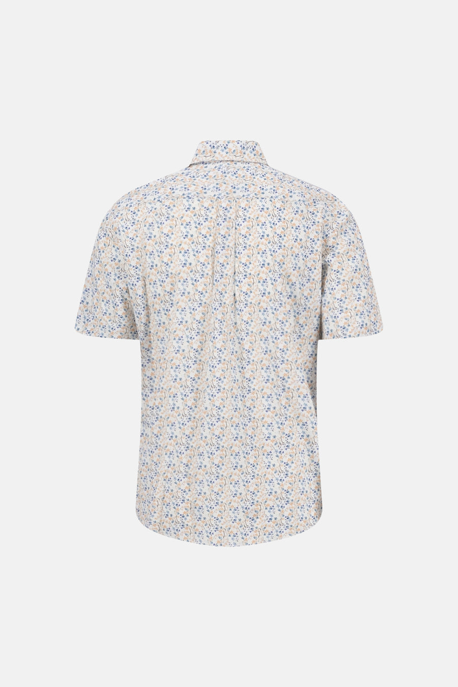 Chemise multicolore à manches courtes de FYNCH-HATTON, motif floral bleu et beige, vue de dos.