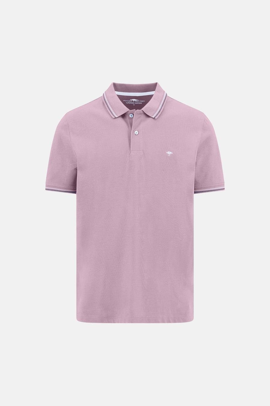 Polo rose de FYNCH-HATTON avec col rayé, deux boutons et logo arbre brodé sur la poitrine.