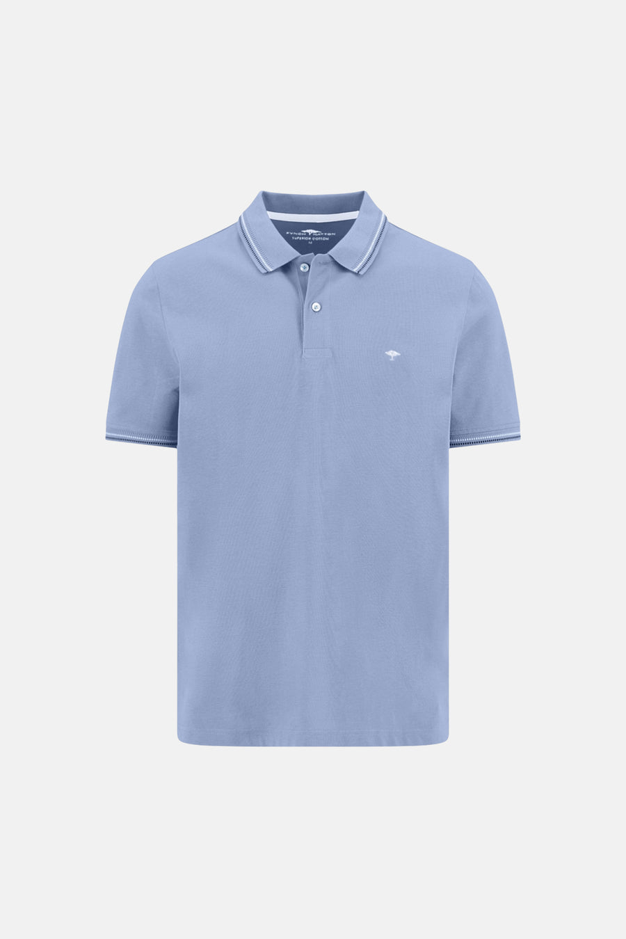 Polo bleu en coton piqué de FYNCH-HATTON, avec col et bords de manches rayés blanc, et petit logo arbre blanc brodé.