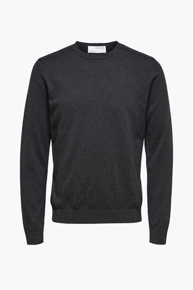 Pull gris col rond de SELECTED, en maille fine et texture lisse.