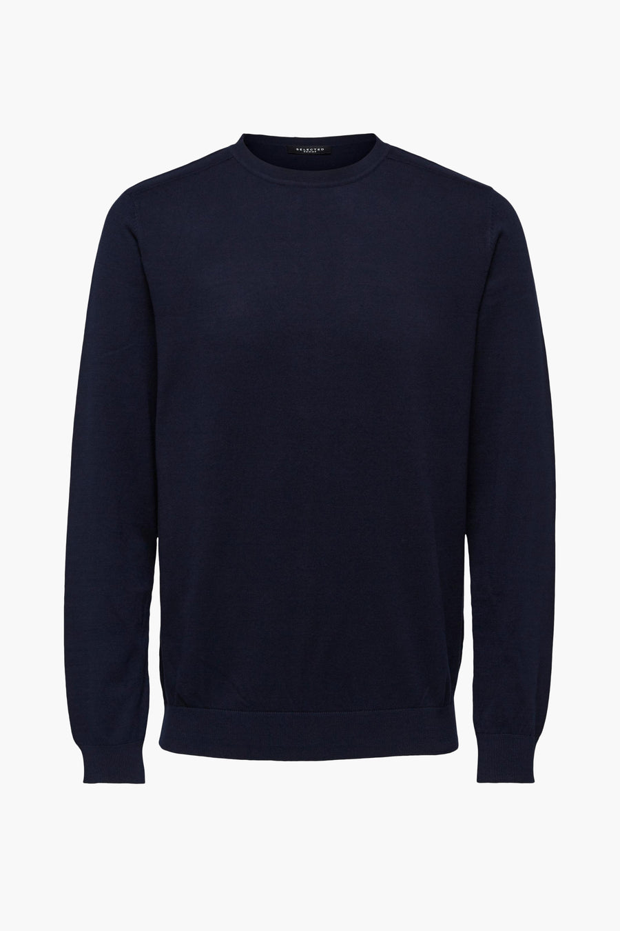 Pull bleu de SELECTED, en tricot fin, à manches longues et coupe classique.