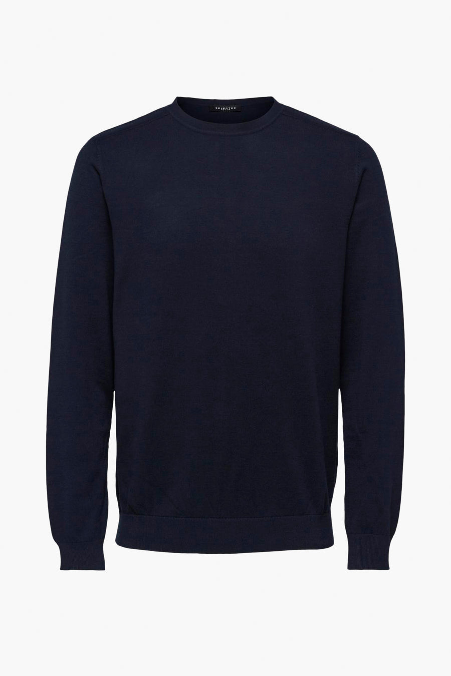 Pull col rond bleu de SELECTED, en maille fine et uniforme, sur fond blanc.