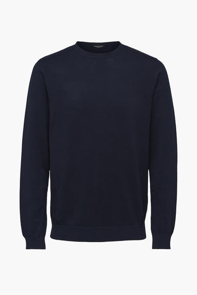 Pull bleu marine de SELECTED, en maille fine unie avec encolure ronde.