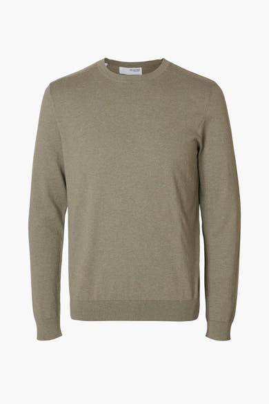 Pull vert à col rond de SELECTED, en maille fine unie, visible sur fond blanc.