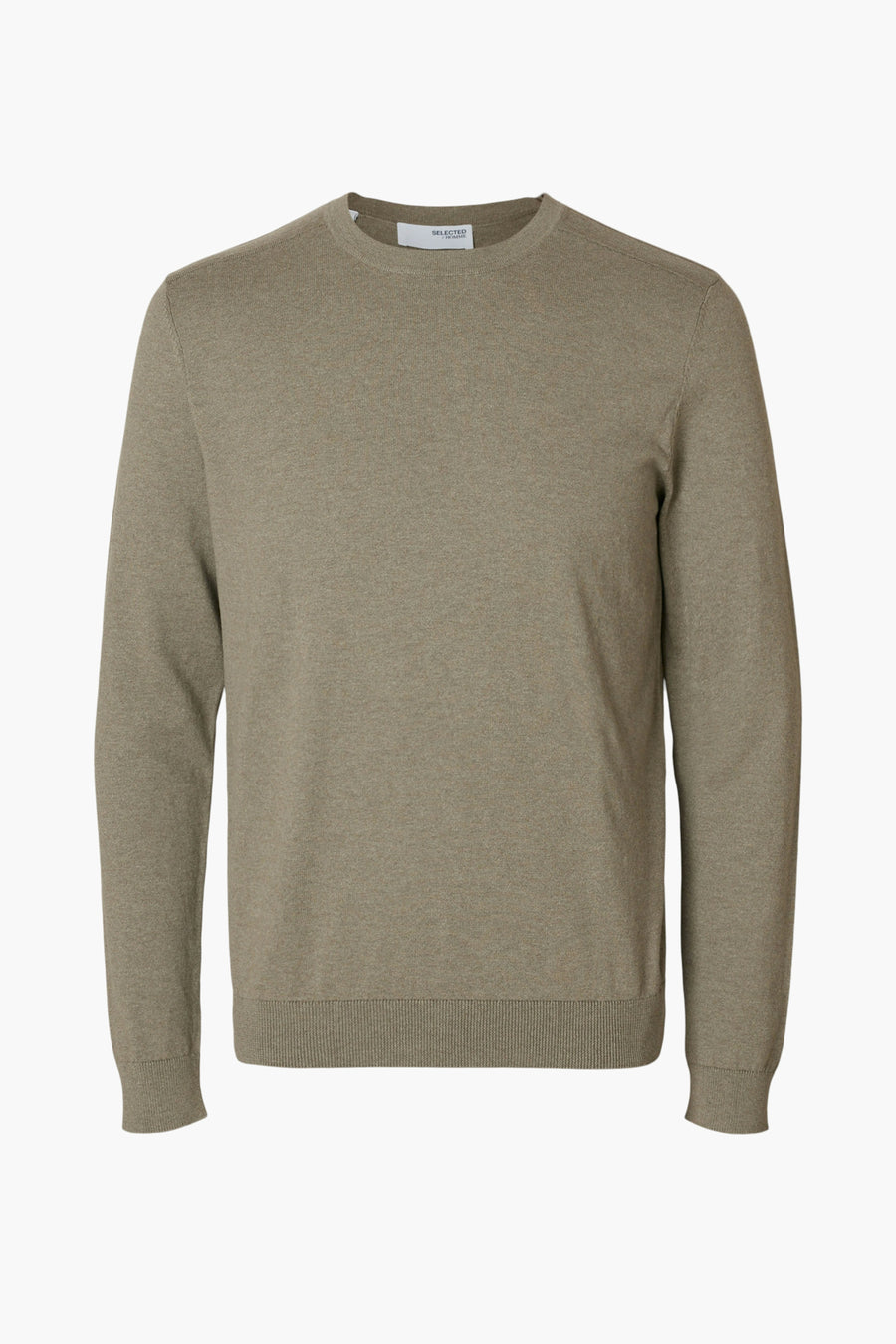 Pull vert à col rond de SELECTED, en maille fine unie, visible sur fond blanc.