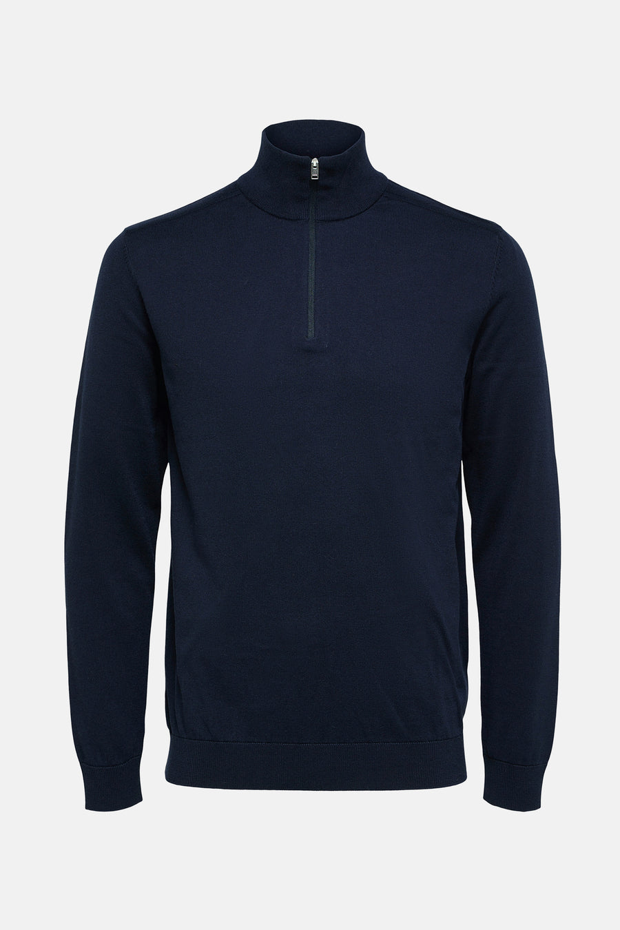 Pull bleu à col montant zippé de SELECTED, en maille fine.