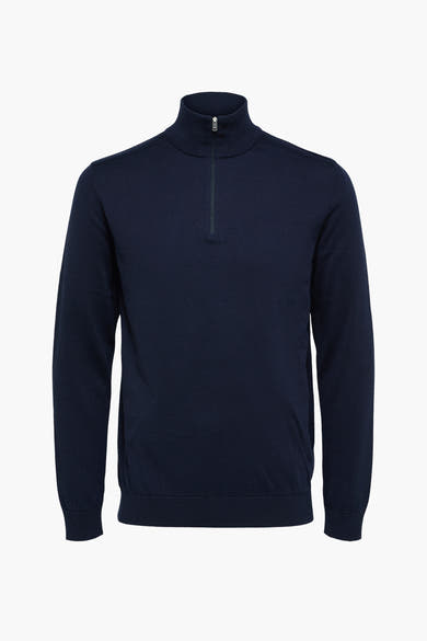 Pull bleu à col montant zippé de SELECTED, en maille fine.