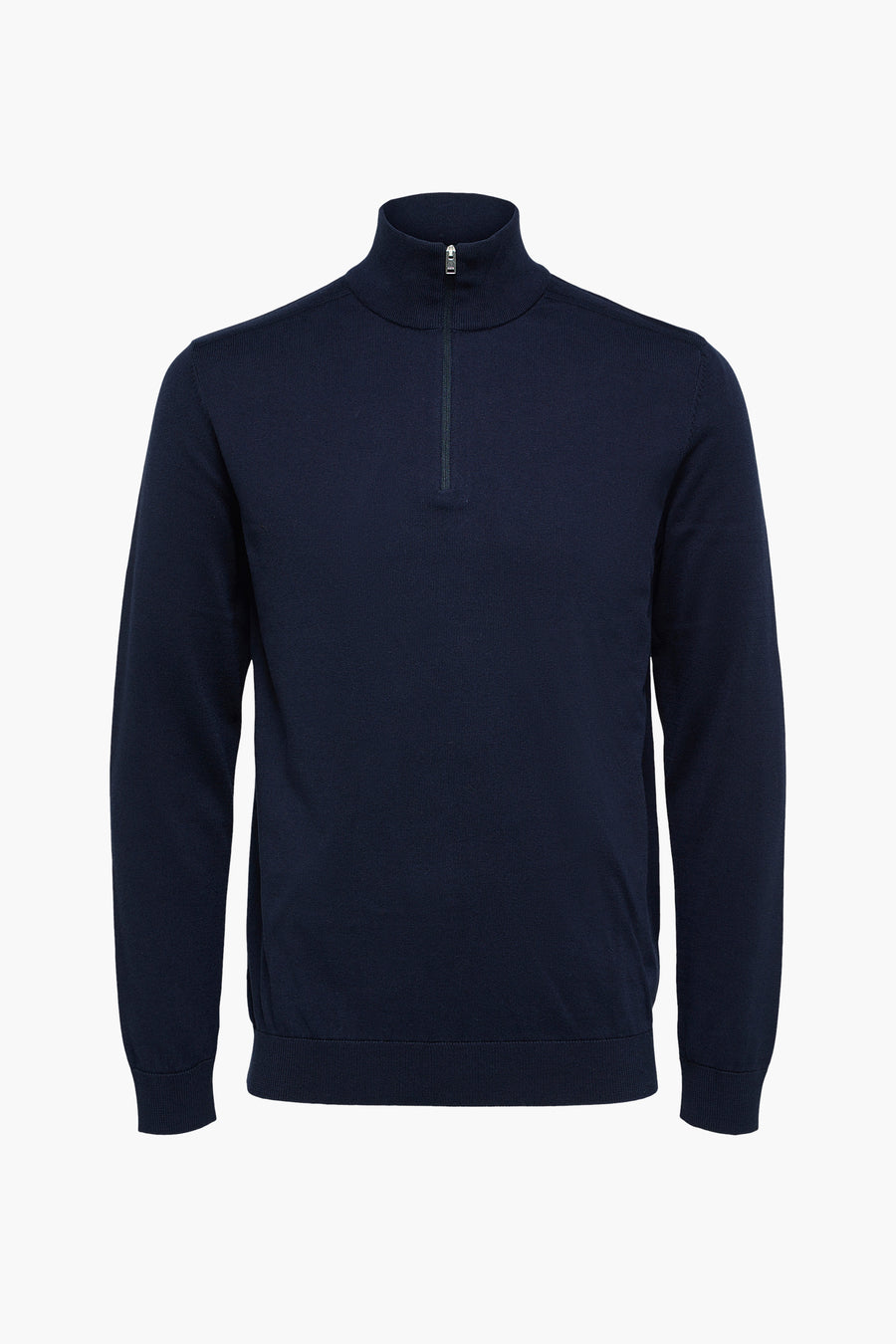 Pull bleu à col montant zippé de SELECTED, en maille fine.