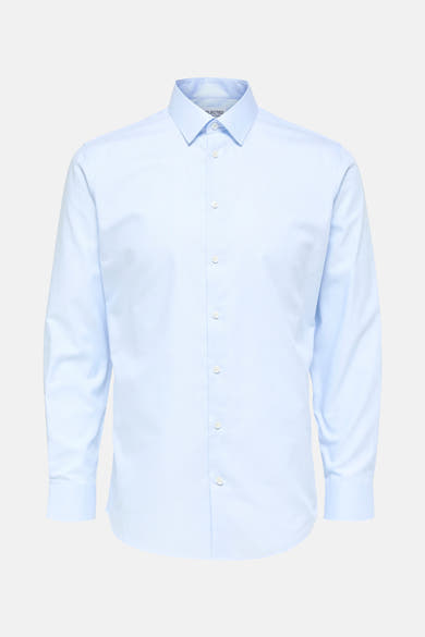 Blauw overhemd met lange mouwen van SELECTED, volledig geknoopt, van gladde stof.
