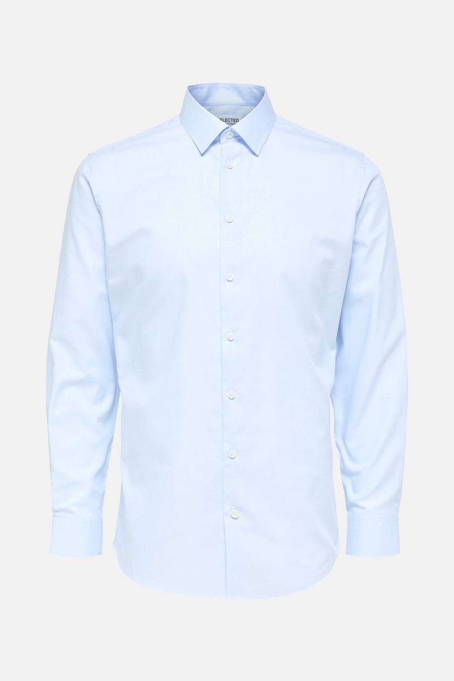 Blauw overhemd met lange mouwen van SELECTED, volledig geknoopt, van gladde stof.