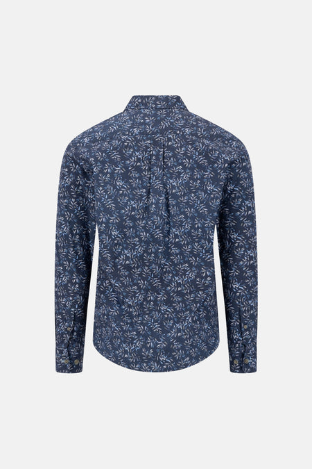 Chemise bleue à manches longues par FYNCH-HATTON, motif feuillage discret, vue dos avec plis centraux