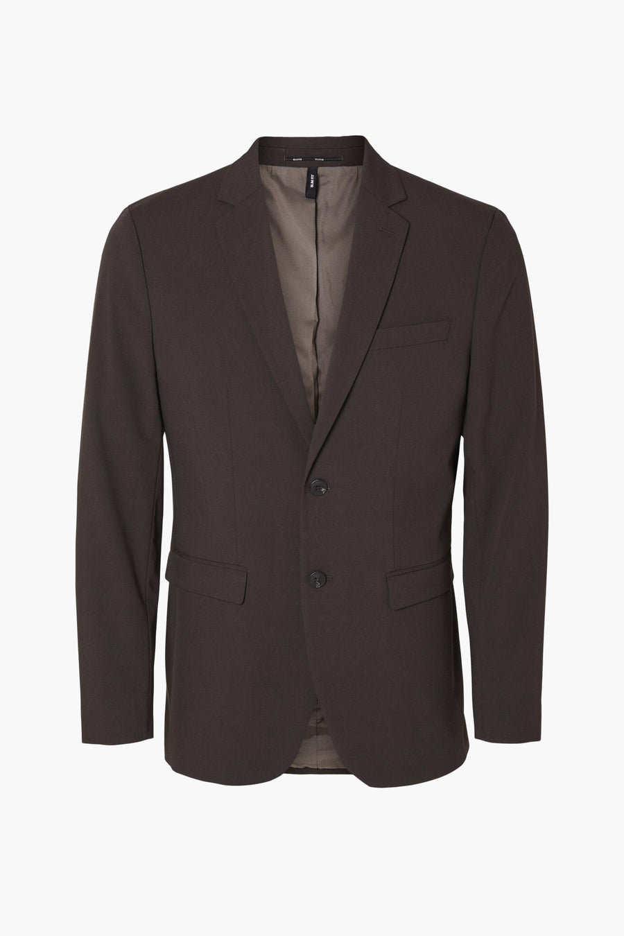Bruine blazer van SELECTED, met twee knopen, met paspelzak op de borst.