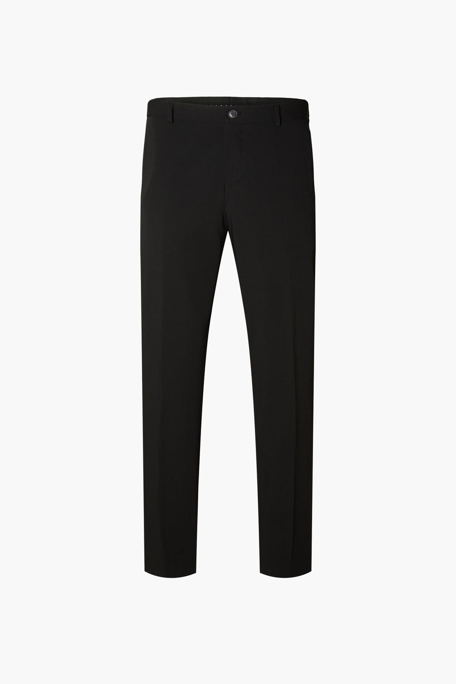 Pantalon de costume noir par SELECTED, coupe droite, sur fond blanc uni.
