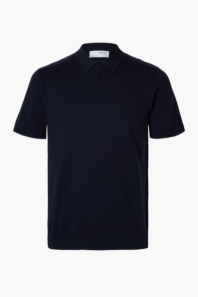 Polo bleu à manches courtes de SELECTED / HOMME, en maille fine, avec patte de boutonnage à trois boutons.