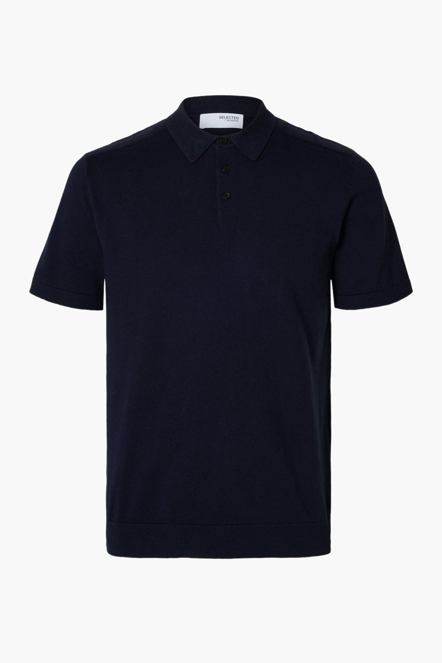 Polo bleu à manches courtes de SELECTED / HOMME, en maille fine, avec patte de boutonnage à trois boutons.