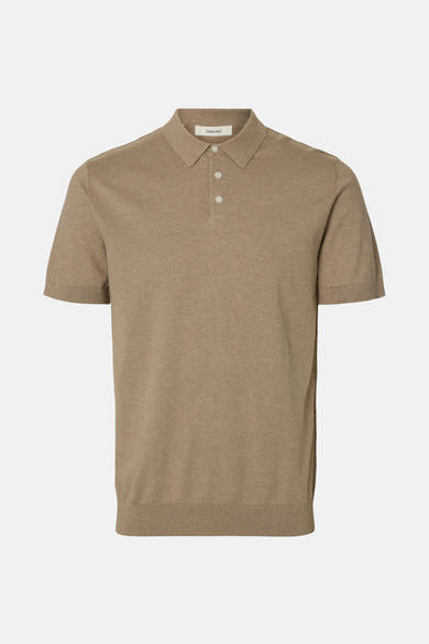Polo en maille marron de SELECTED, avec col classique et boutons, tricot côtelé à l'ourlet.