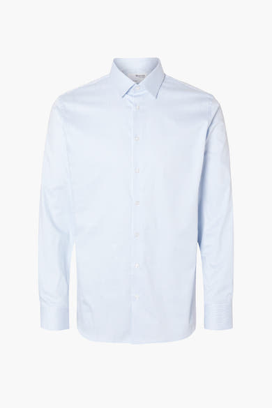 Chemise à manches longues blanche à rayures bleues de SELECTED HOMME, présentée boutonnée sur fond blanc.