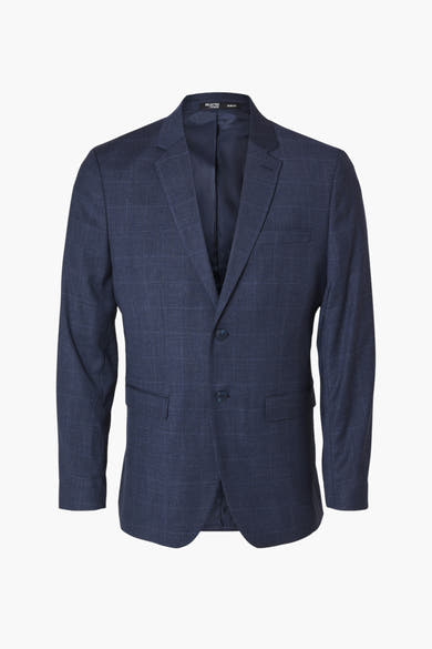 Blauwe blazer van SELECTED HOMME met een subtiel ruitpatroon en een slim fit.
