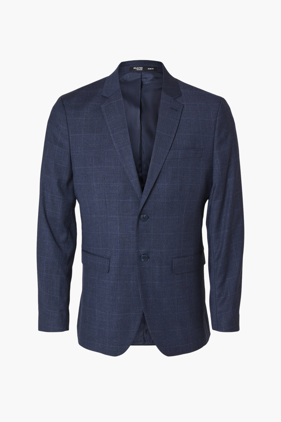 Blauwe blazer van SELECTED HOMME met een subtiel ruitpatroon en een slim fit.