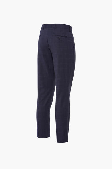 Pantalon de costume bleu de SELECTED, motif à carreaux discret, coupe ajustée, vue de dos.
