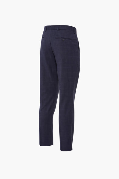 Pantalon de costume bleu de SELECTED, motif à carreaux discret, coupe ajustée, vue de dos.
