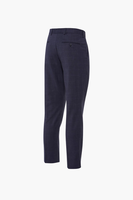 Pantalon de costume bleu de SELECTED, motif à carreaux discret, coupe ajustée, vue de dos.
