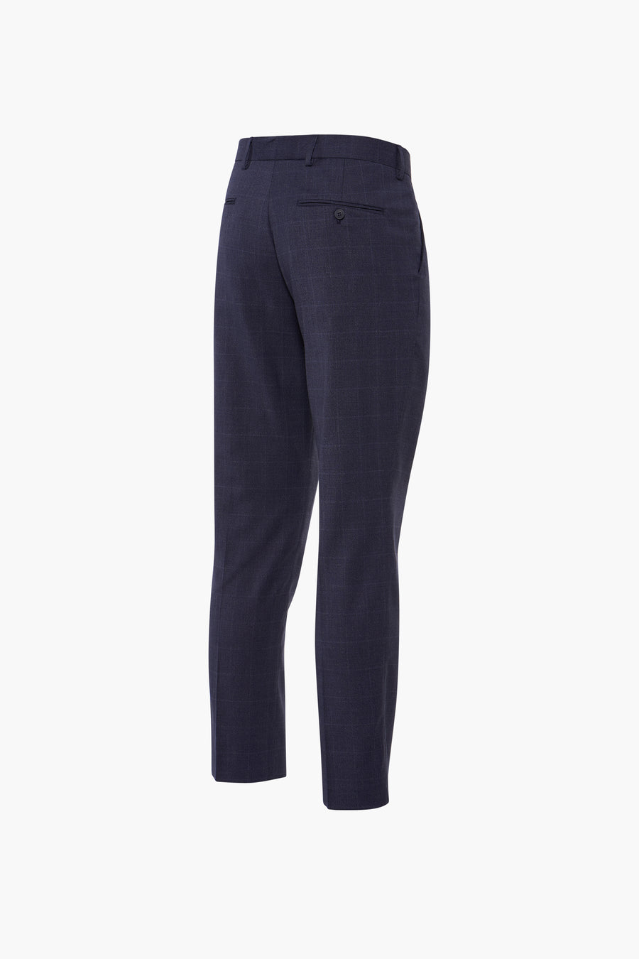 Pantalon de costume bleu de SELECTED, motif à carreaux discret, coupe ajustée, vue de dos.
