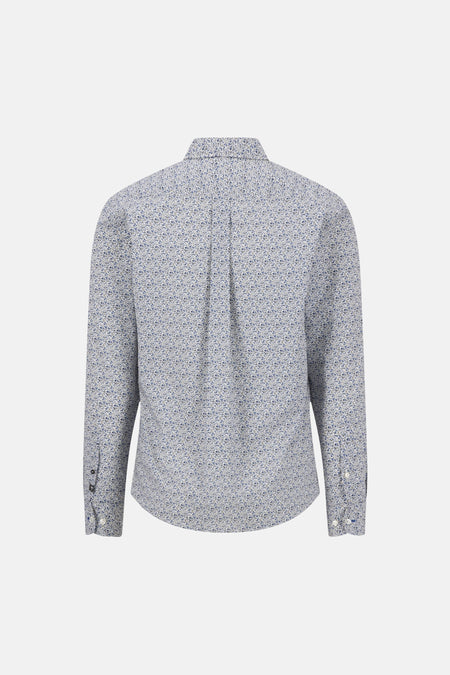Chemise bleue à motifs floraux fins par FYNCH-HATTON, vue arrière avec plis centraux et manches longues boutonnées