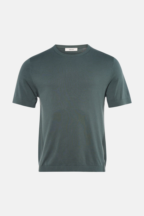 Pull vert à col rond de SELECTED à manches courtes, maille fine côtelée.