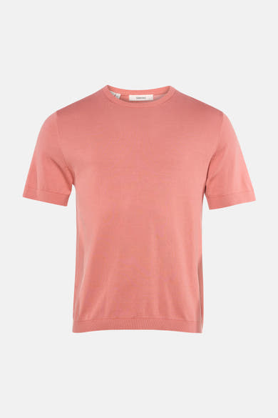 Roze trui met ronde hals van SELECTED, met korte mouwen en fijne breinaald.