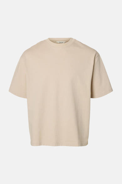 Beige T-shirt met korte mouwen van SELECTED, relaxte pasvorm en eenvoudige ronde hals.