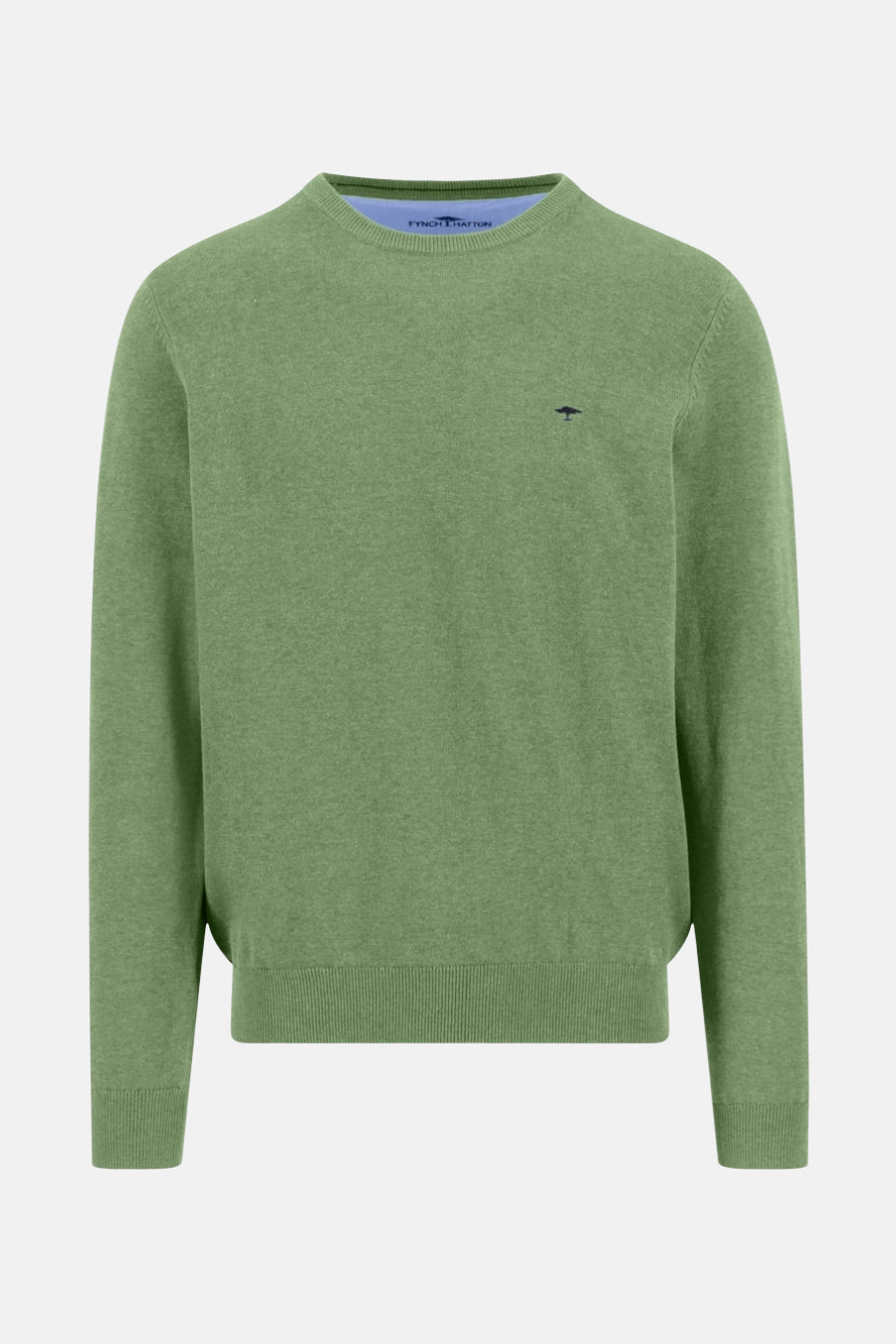Groene trui met ronde hals van FYNCH-HATTON, in fijne, effen brei op een neutrale achtergrond.