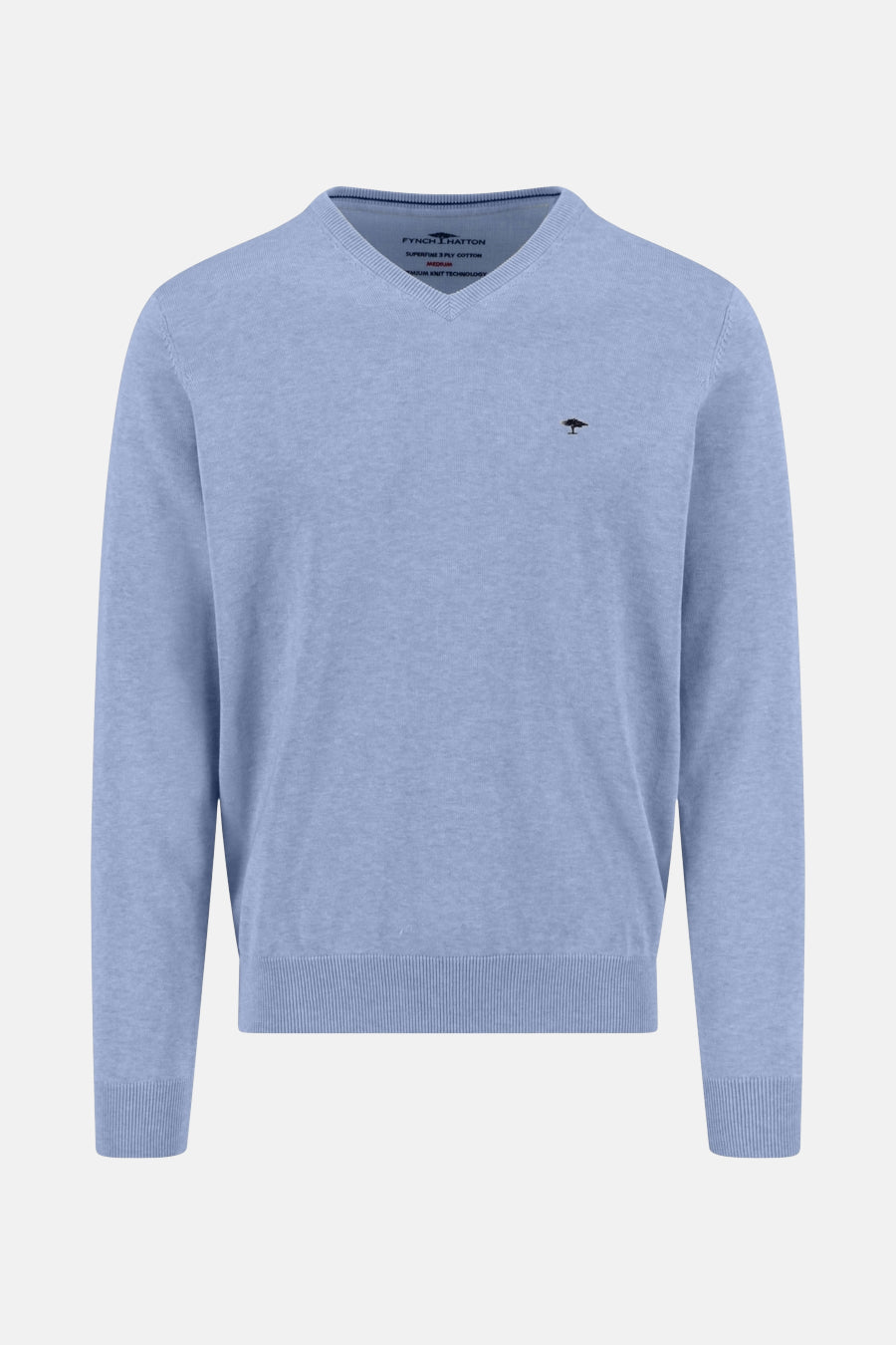 Pull à col en V bleu de FYNCH-HATTON, avec logo discret brodé sur la poitrine.