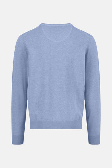 Pull à col en V bleu de FYNCH-HATTON, en maille fine et uniforme, présenté sur fond clair.