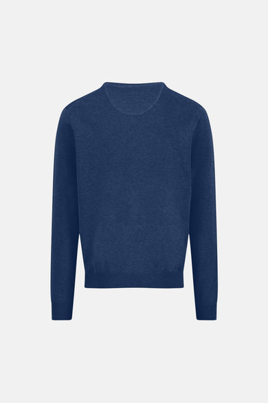 Pull à col en V bleu de FYNCH-HATTON, en tricot texturé uni, présenté à plat sur fond clair.
