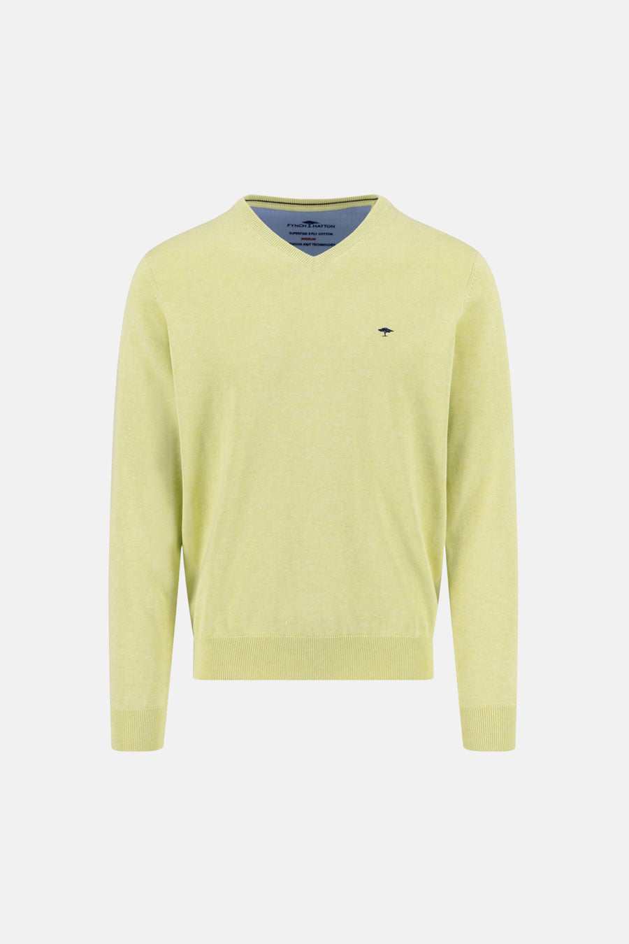 Pull à col en V vert par FYNCH-HATTON avec logo discret.