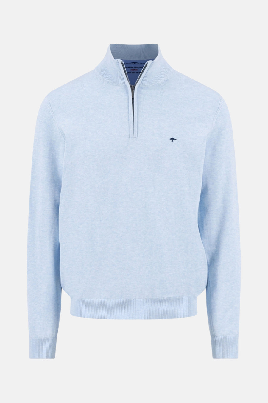 Pull à col roulé bleu de FYNCH-HATTON avec fermeture éclair partielle et logo discret.