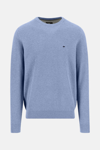 Rondhals trui blauw van FYNCH-HATTON, fijne gebreide textuur, achterzicht.