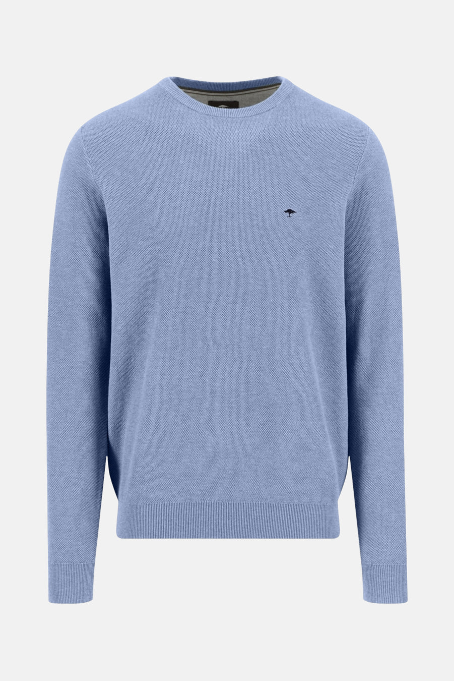 Rondhals trui blauw van FYNCH-HATTON, fijne gebreide textuur, achterzicht.