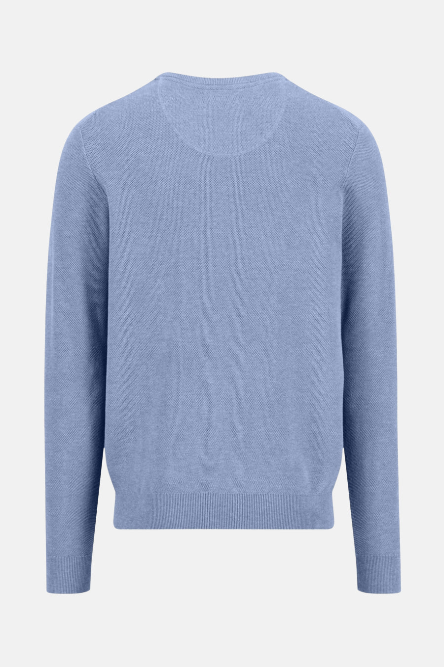Pull à col rond bleu de FYNCH-HATTON, texture tricotée fine, vue de dos.
